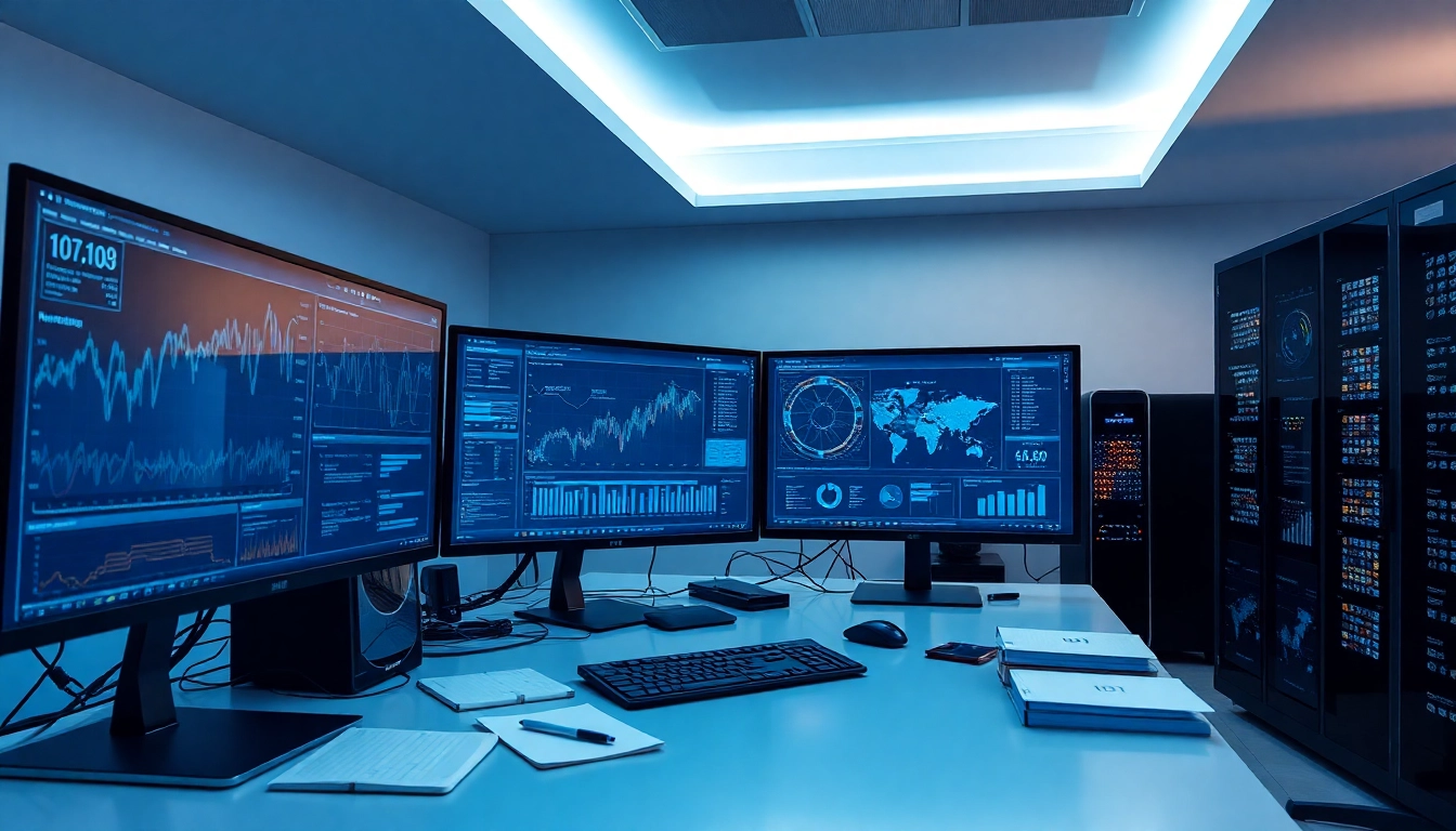 Espacio de trabajo moderno con monitores mostrando visualizaciones de datos financieros y servidores tecnológicos en ambiente azul.