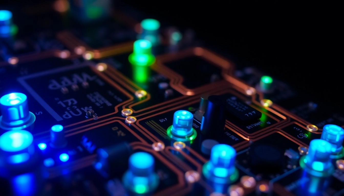 Circuito eléctrico detallado con luces LED azules y verdes y vías de cobre, resaltando precisión y complejidad técnica.