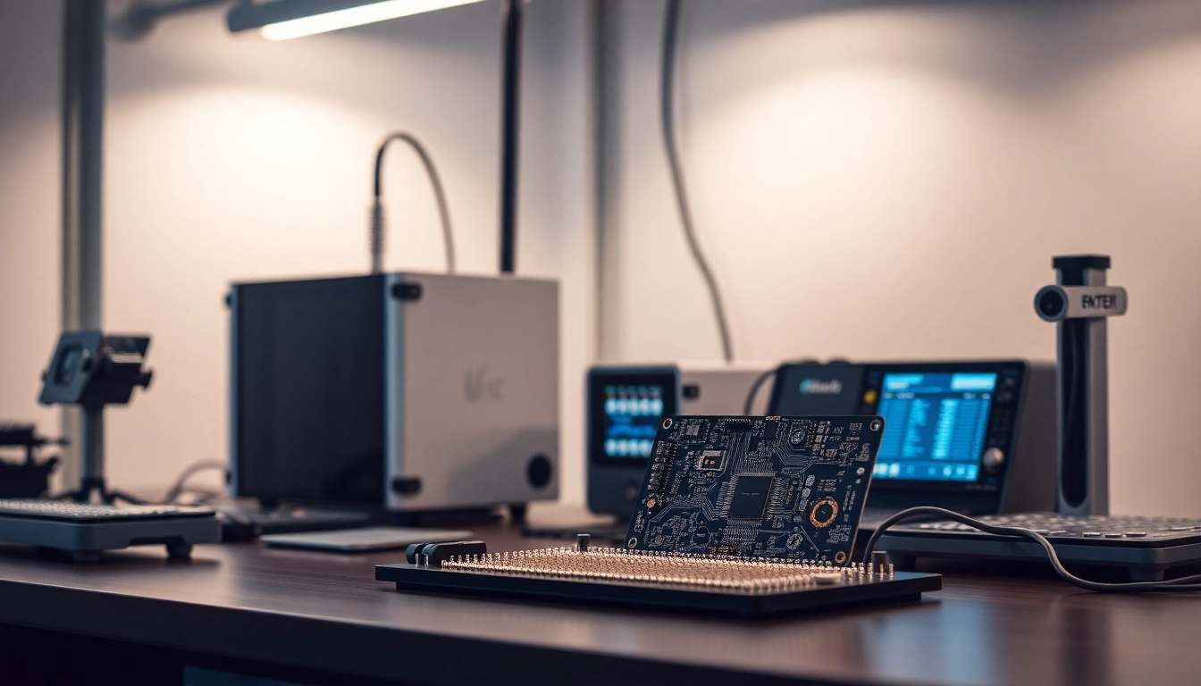 Espacio de trabajo moderno con circuito impreso avanzado y equipo de prueba electrónica, iluminado para destacar precisión técnica.