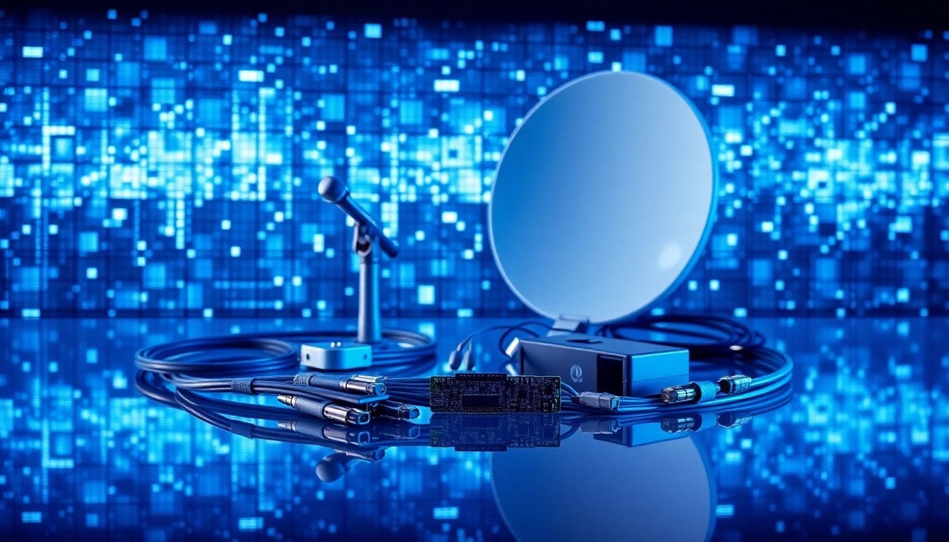 Dispositivos modernos de comunicación sobre superficie reflectante con red digital y luces azules en ambiente profesional.