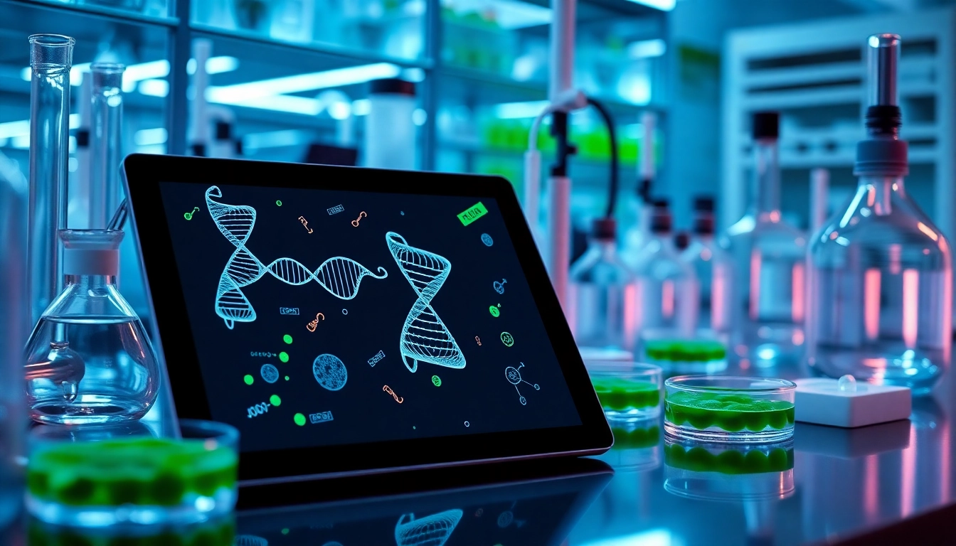 Estación de trabajo biotecnológica con tableta digital, vidriería científica y cultivos verdes bajo iluminación profesional.