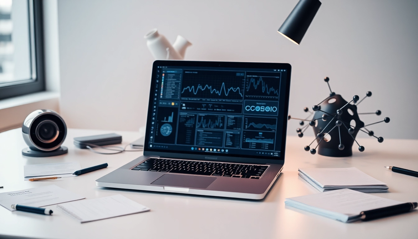 Escritorio moderno con laptop mostrando visualizaciones de datos financieros, notas dispersas y escultura de red neuronal futurista.