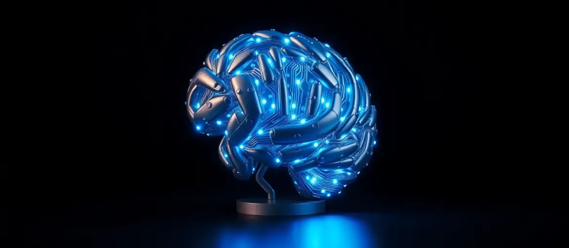 Escultura metálica en forma de cerebro con circuitos iluminados en azul y blanco, simbolizando tecnología e inteligencia.
