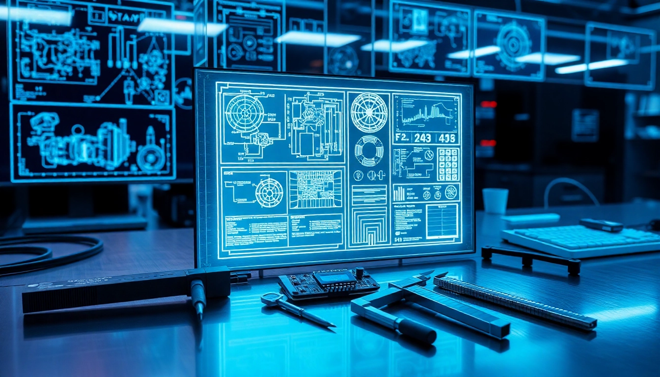 Área de trabajo futurista con pantallas digitales transparentes y herramientas de ingeniería para análisis financiero.