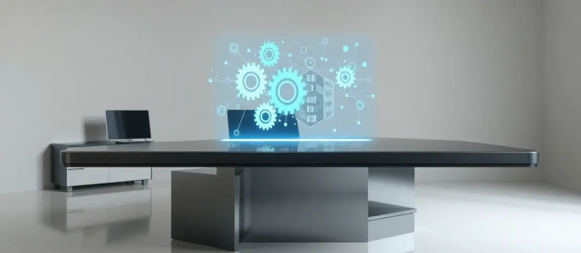Escritorio moderno con interfaz holográfica de engranajes digitales que simbolizan tecnología avanzada y automatización empresarial.