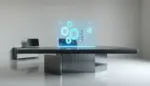 Escritorio moderno con interfaz holográfica de engranajes digitales que simbolizan tecnología avanzada y automatización empresarial.