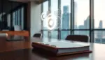 Escritorio moderno con holograma de engranajes digitales sobre libreta ejecutiva en oficina con vista a ciudad alta.