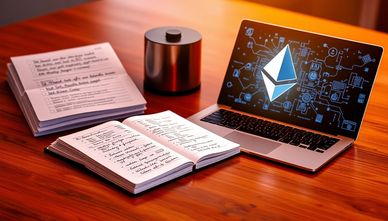 Espacio de trabajo ordenado con libro contable, laptop mostrando gráficos blockchain y símbolo holográfico de Ethereum.