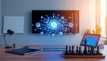 Escritorio corporativo moderno con interfaz holográfica de nodos digitales y gráficos financieros en ambiente innovador.