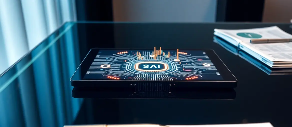 Espacio de trabajo moderno con escritorio de vidrio, documentos financieros y pantalla digital resaltando tecnología y éxito empresarial.