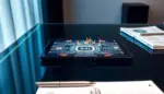 Espacio de trabajo moderno con escritorio de vidrio, documentos financieros y pantalla digital resaltando tecnología y éxito empresarial.