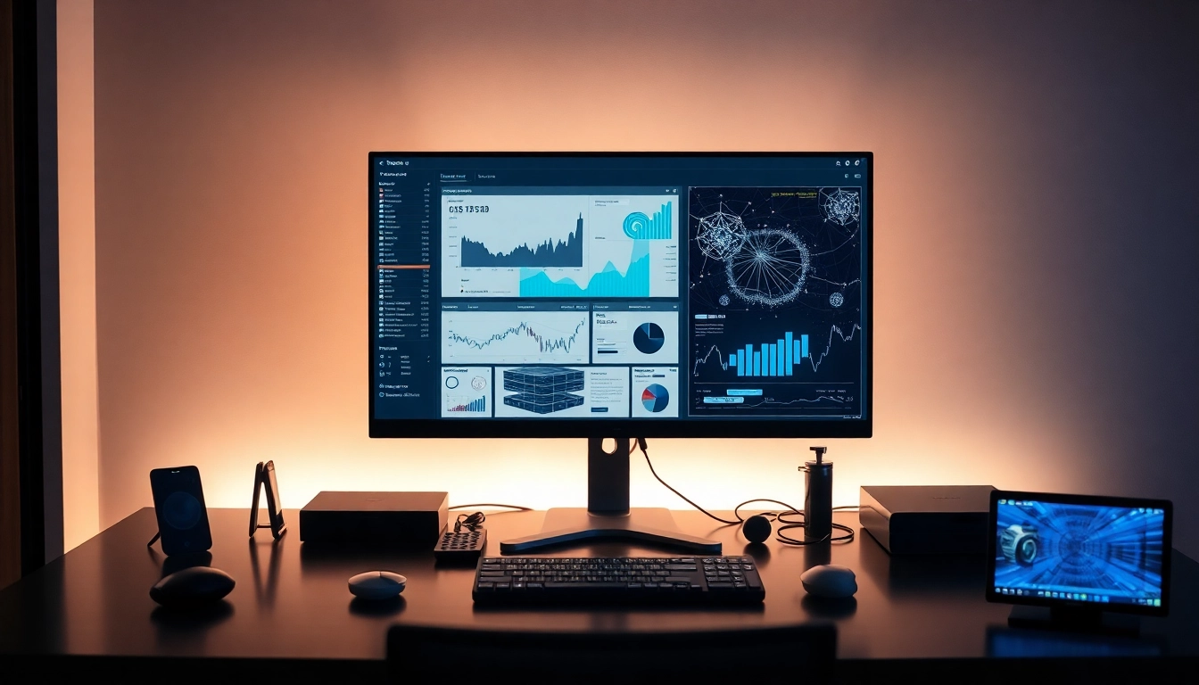 Espacio de trabajo moderno con pantalla mostrando análisis financieros y gráficos de redes neuronales en entornos digitales.