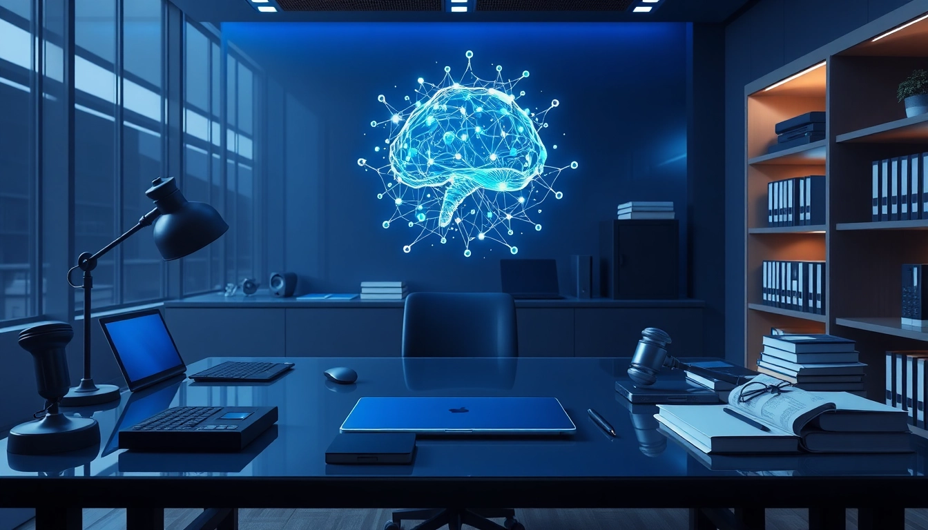 Espacio de trabajo moderno con holograma de red neuronal sobre escritorio de vidrio y libros legales bajo luz azul profesional.