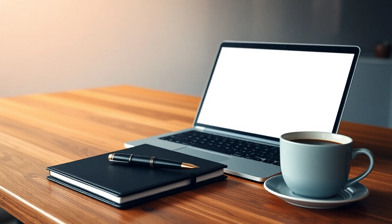 Escritorio de madera con laptop, agenda de cuero, pluma estilográfica y café, en oficina minimalista profesional.
