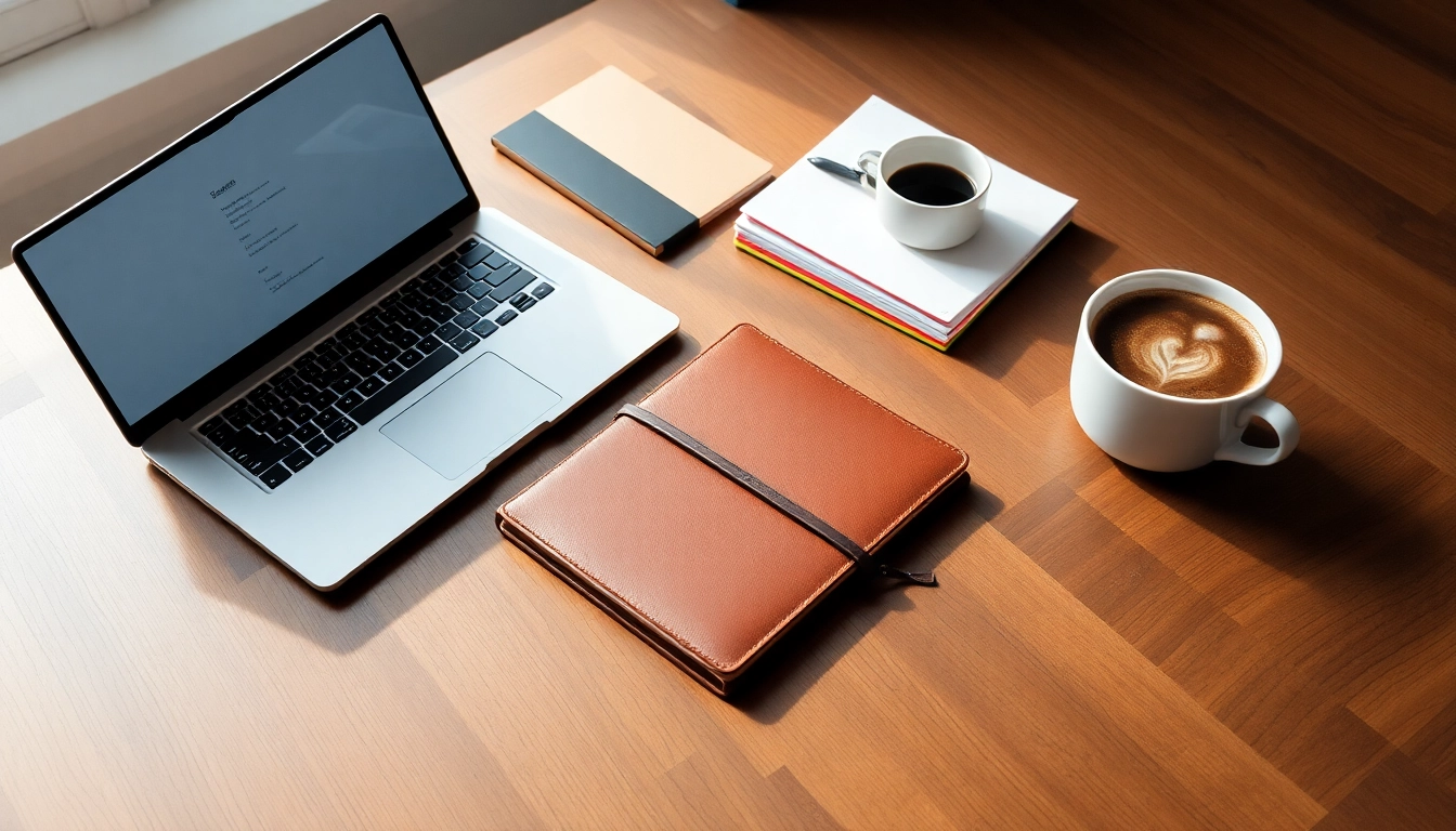 Escritorio ordenado con laptop, agenda de cuero, carpetas de colores y café, iluminado por luz natural en ambiente laboral.