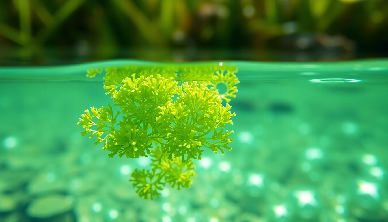 Microalgas verdes flotando en agua cristalina con plantas acuáticas, reflejando sostenibilidad y equilibrio natural.