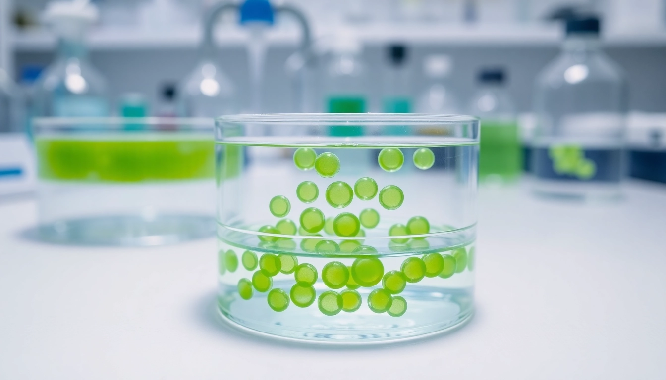 Microalgas verdes en agua clara bajo luz brillante con fondo de laboratorio y material científico ordenado.