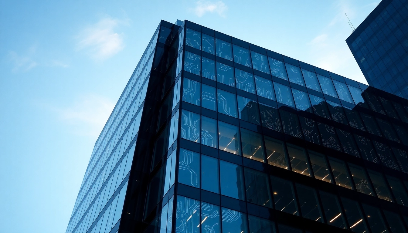 Edificio corporativo de vidrio con reflejos de circuitos digitales, iluminado suavemente, simbolizando transformación tecnológica.