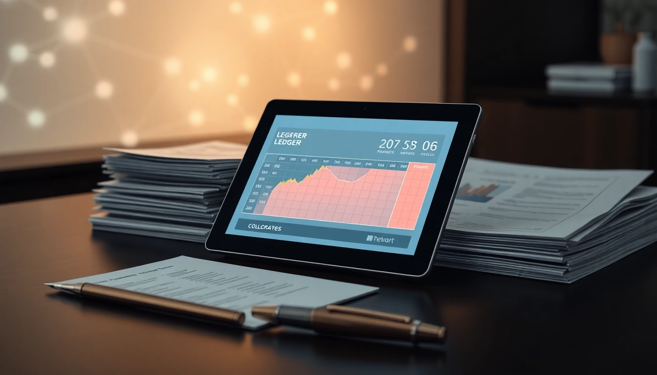 Escritorio moderno con registro digital brillante en tablet, reportes financieros ordenados y fondo con formas geométricas abstractas.