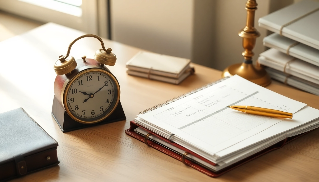 Escritorio ordenado con reloj vintage, planificador de cuero abierto, documentos organizados y pluma dorada para planificación financiera.