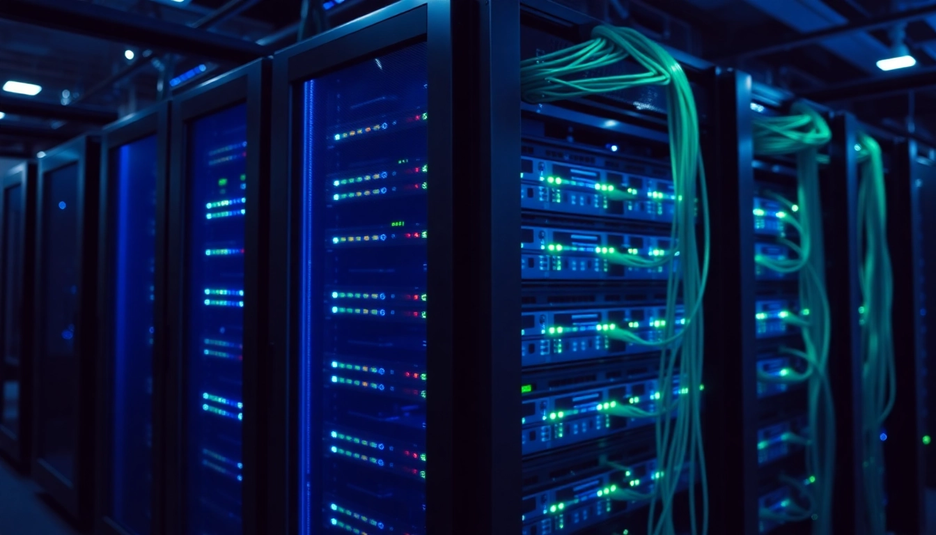 Rack de servidores moderno con luces LED en un centro de datos seguro y eficiente, clave para la infraestructura financiera.