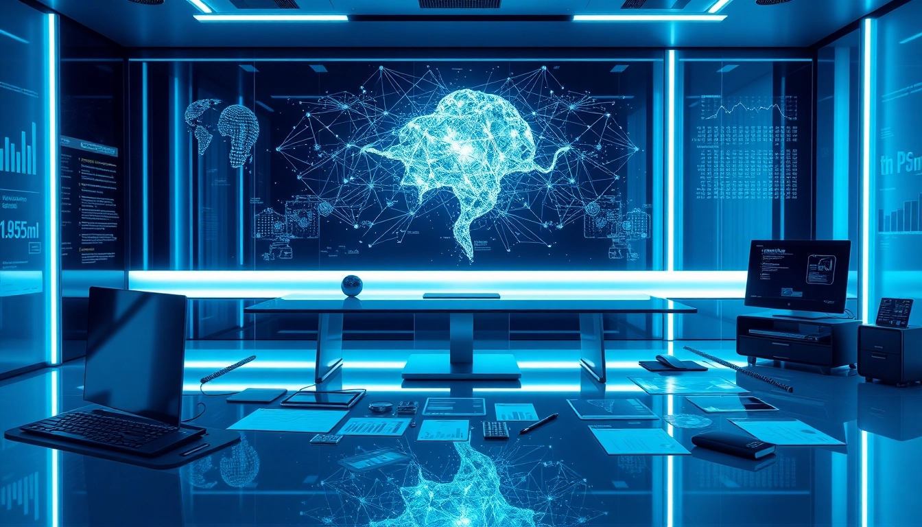 Espacio de trabajo moderno con holograma de red neuronal y gráficos digitales, ideal para análisis financiero y tributario.