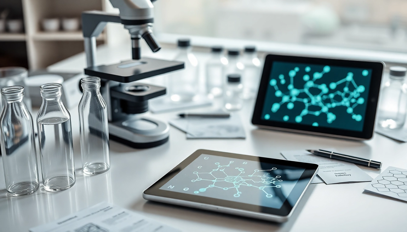 Escena de laboratorio con frascos de vidrio, microscopio, tablet digital y notas científicas sobre superficie blanca iluminada.