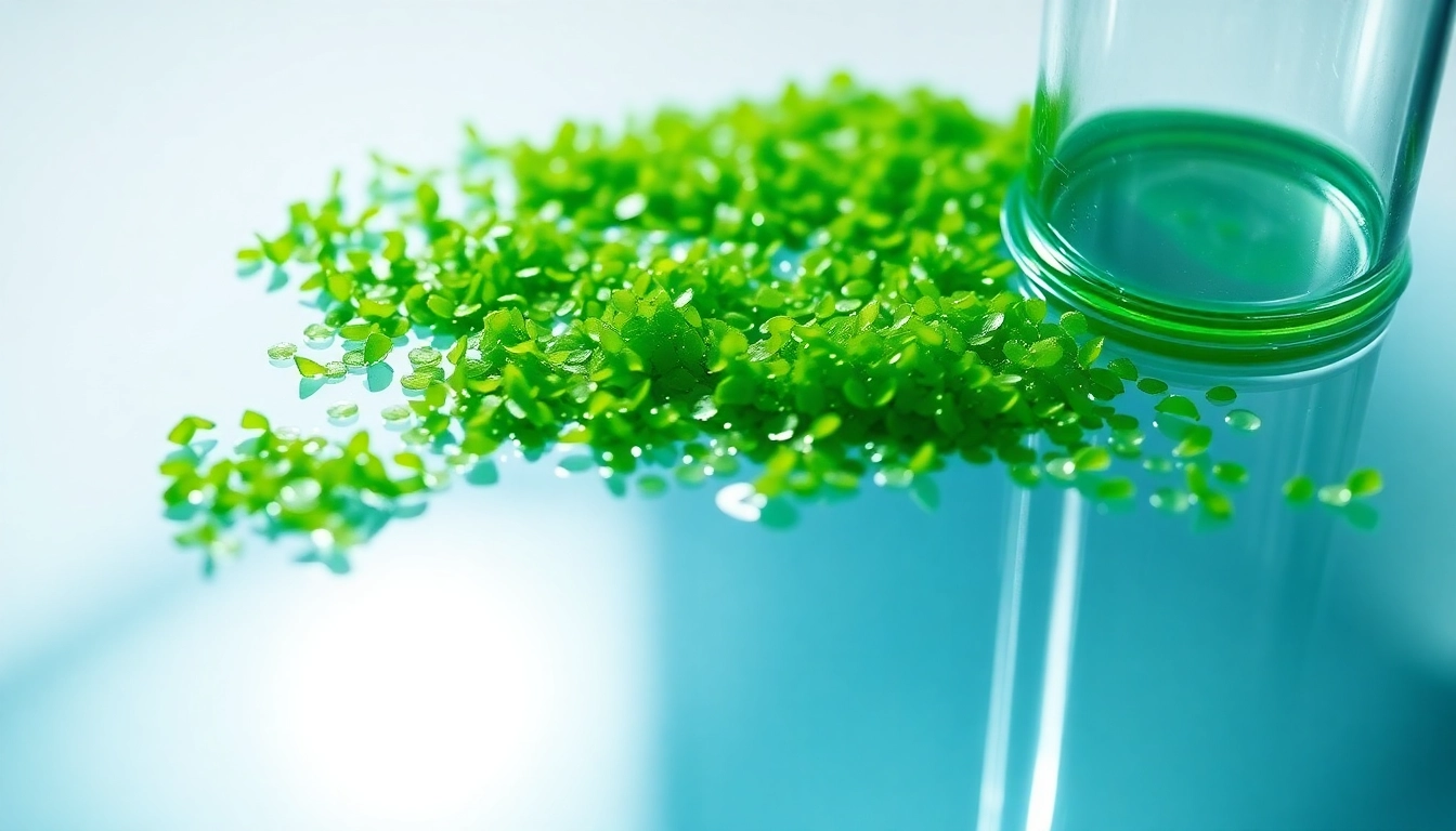 Algas verdes vibrantes flotando en agua cristalina junto a un vaso de laboratorio sumergido, simbolizando producción natural.