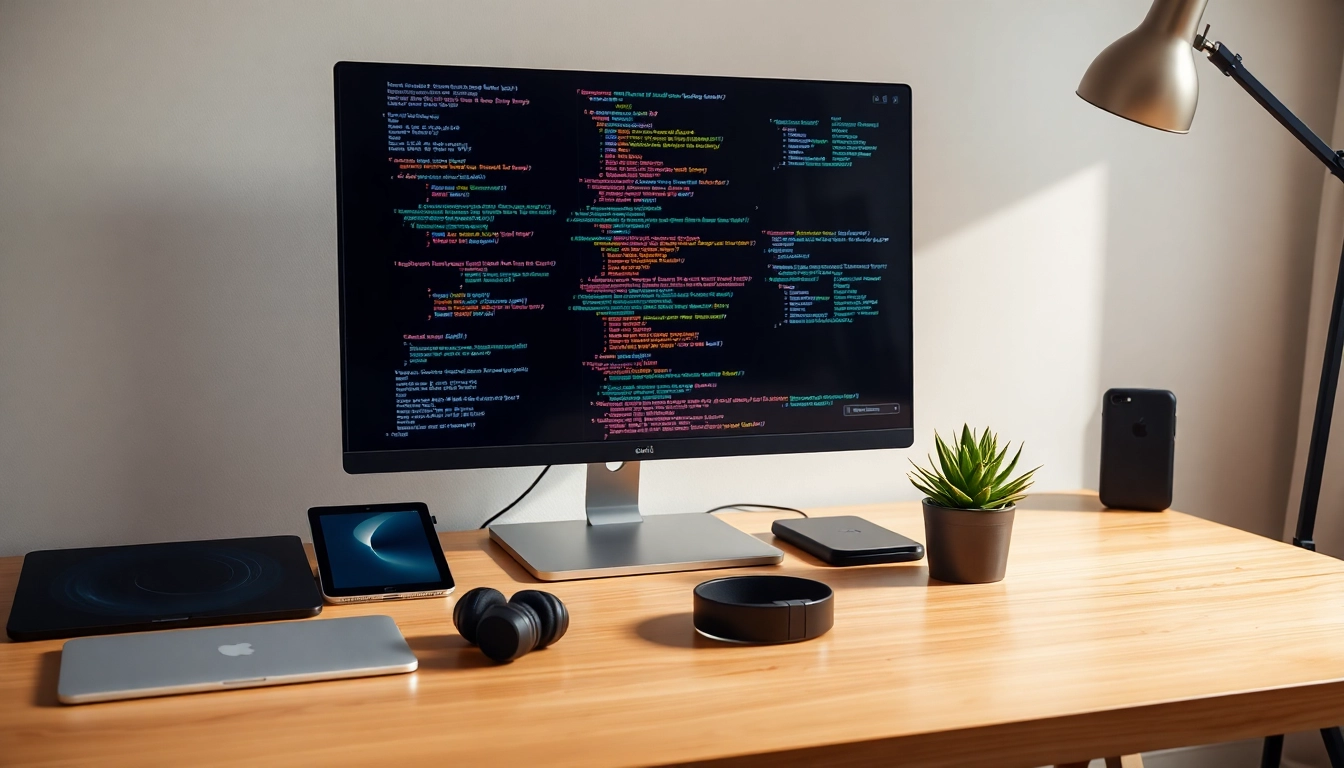 Espacio de trabajo moderno con monitor mostrando código colorido, tabletas digitales y suculenta en escritorio de madera pulida.