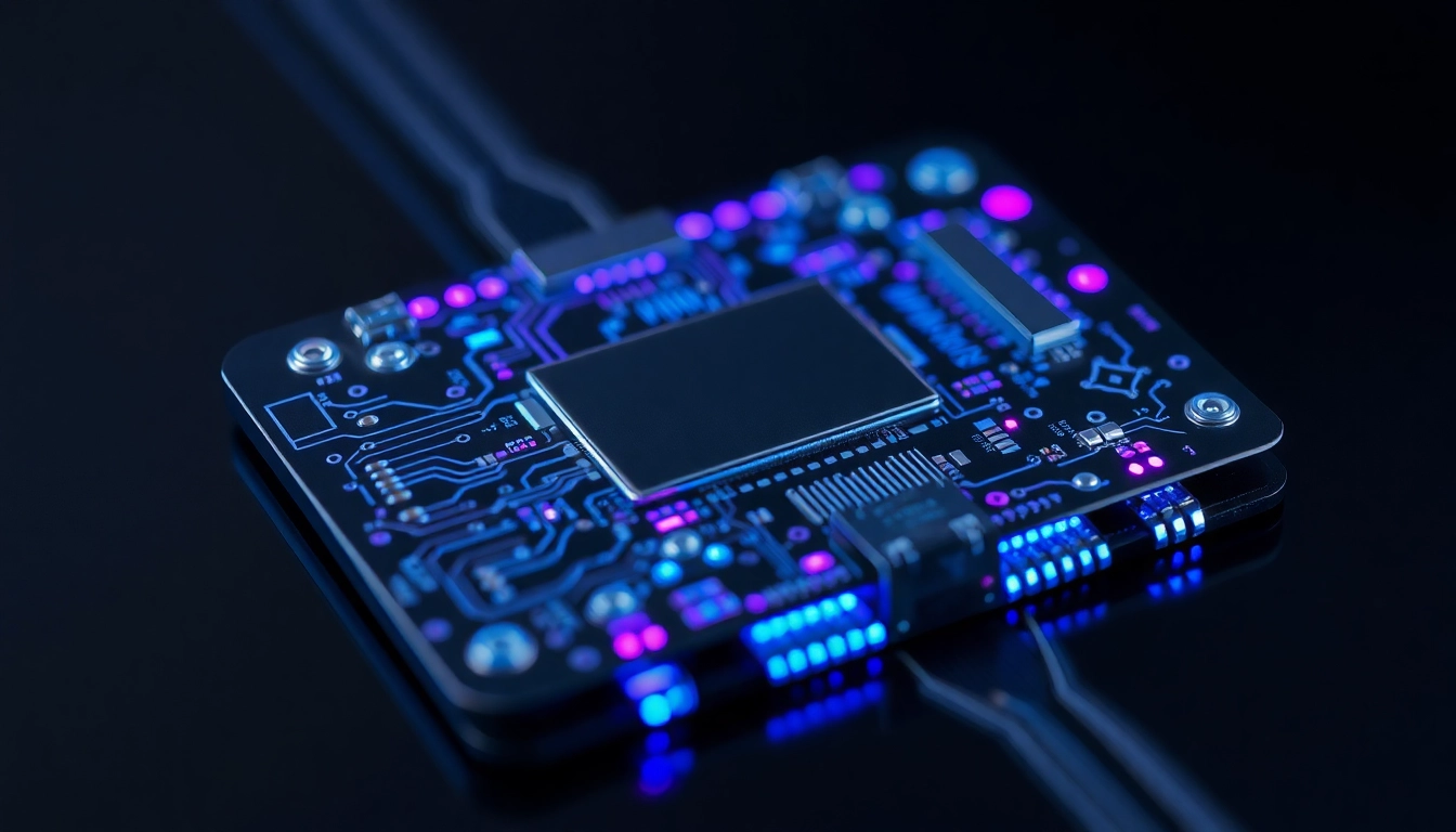 Microchip de titanio con circuitos azules y morados iluminados sobre superficie reflectante, tecnología cuántica avanzada.