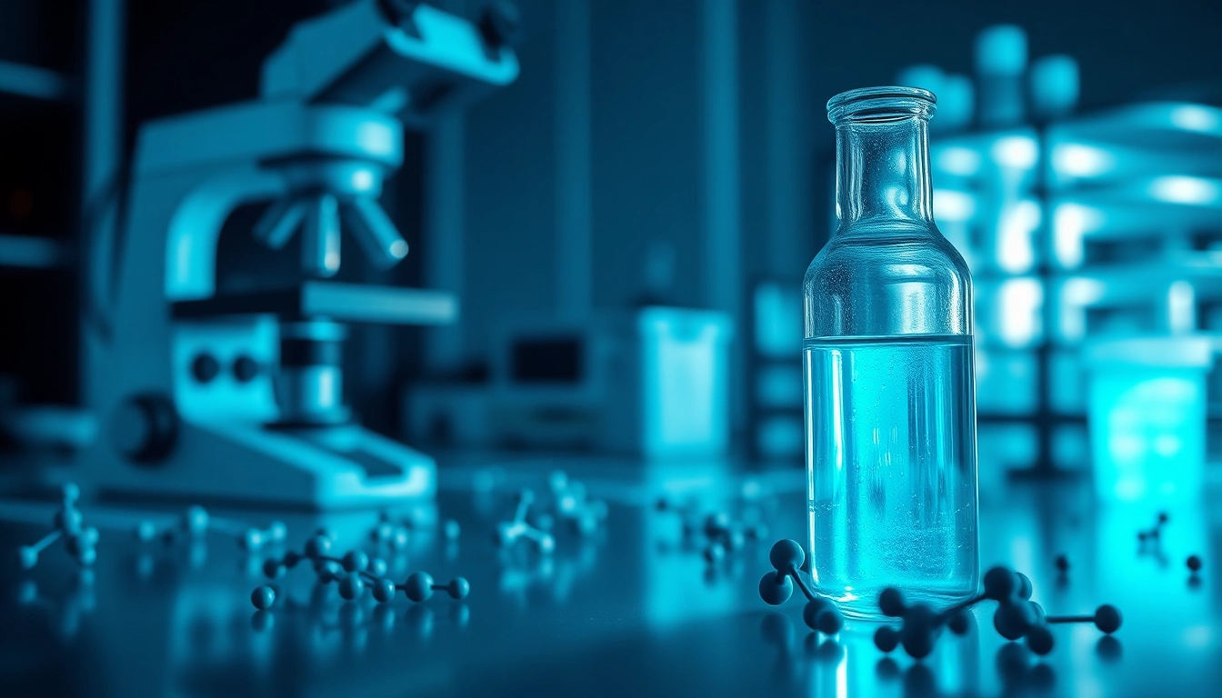 Laboratorio moderno con vial de vidrio transparente con líquido azul brillante junto a microscopio y modelos moleculares.