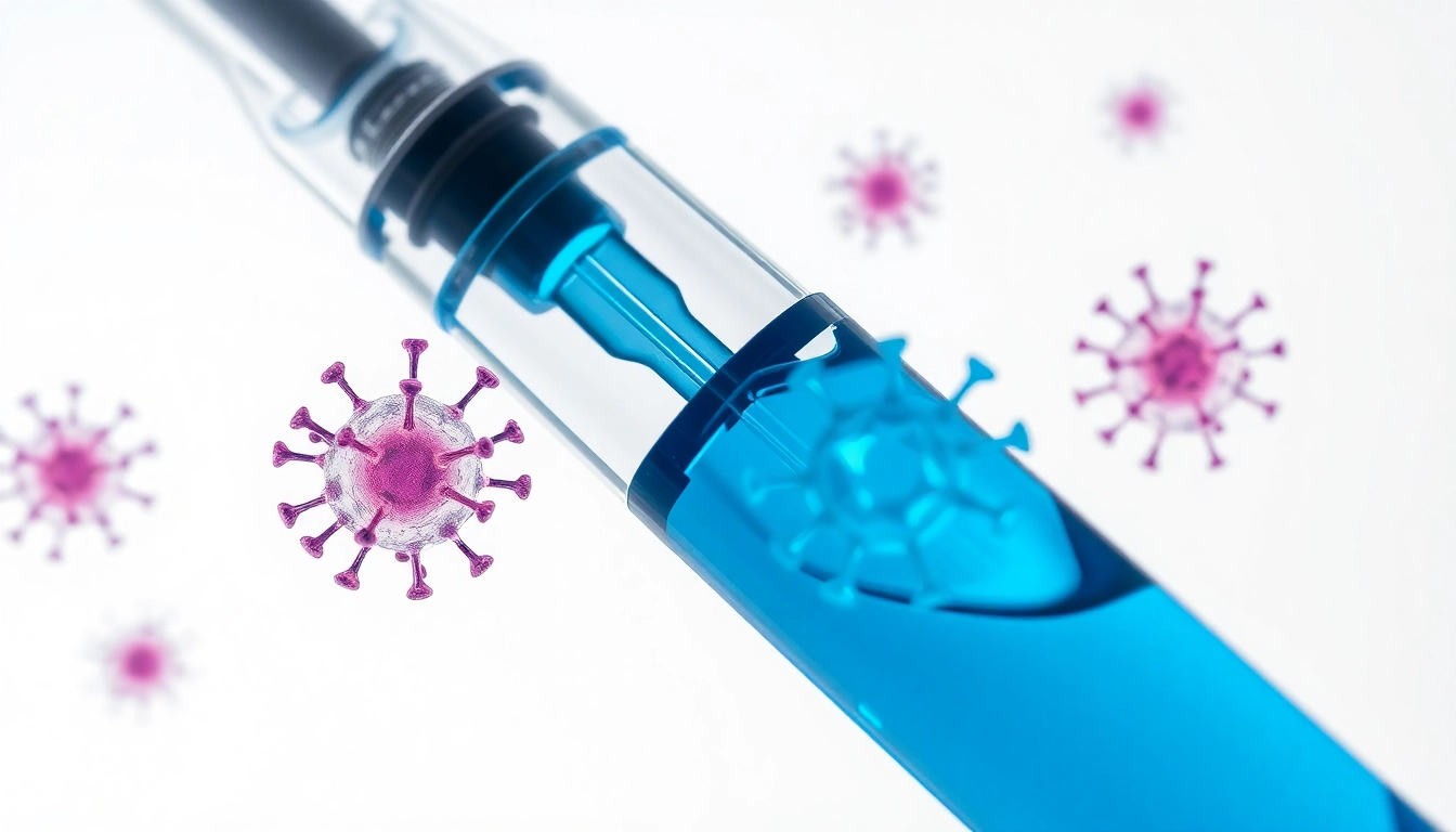Jeringa moderna con líquido azul brillante rodeada de estructuras virales translúcidas bajo luz clínica en fondo blanco.