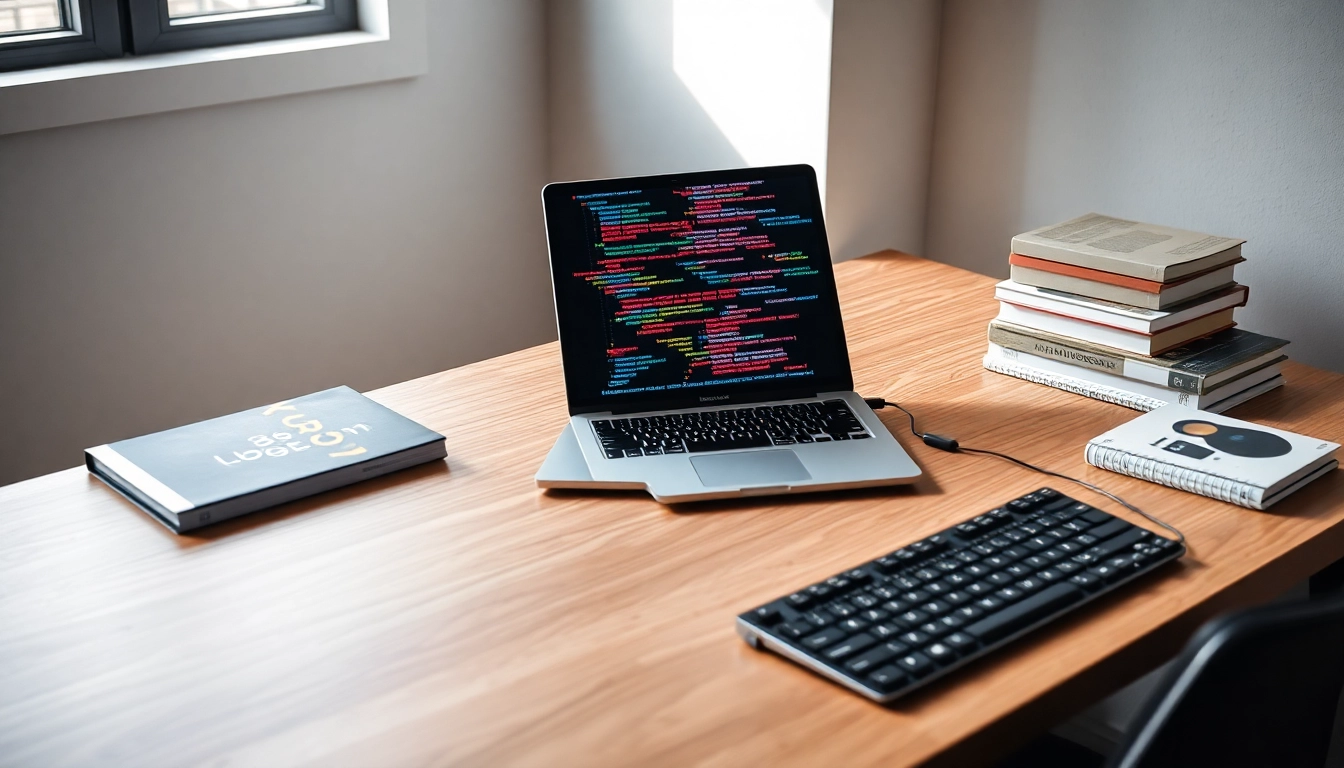 Espacio de trabajo minimalista con laptop mostrando código colorido, libros de programación y teclado mecánico bajo luz natural.