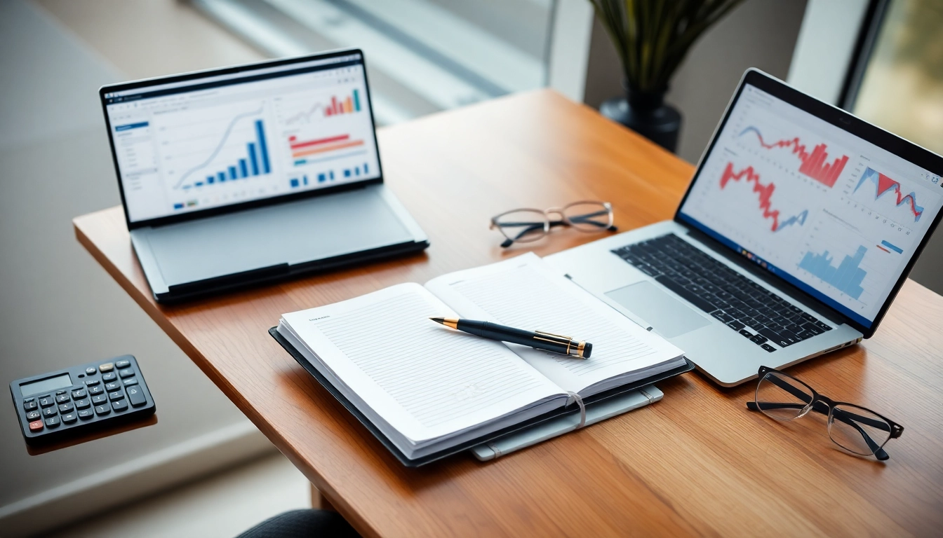 Espacio de trabajo moderno con escritorio organizado, calculadora, laptop con gráficos y luz natural, ideal para análisis financiero.
