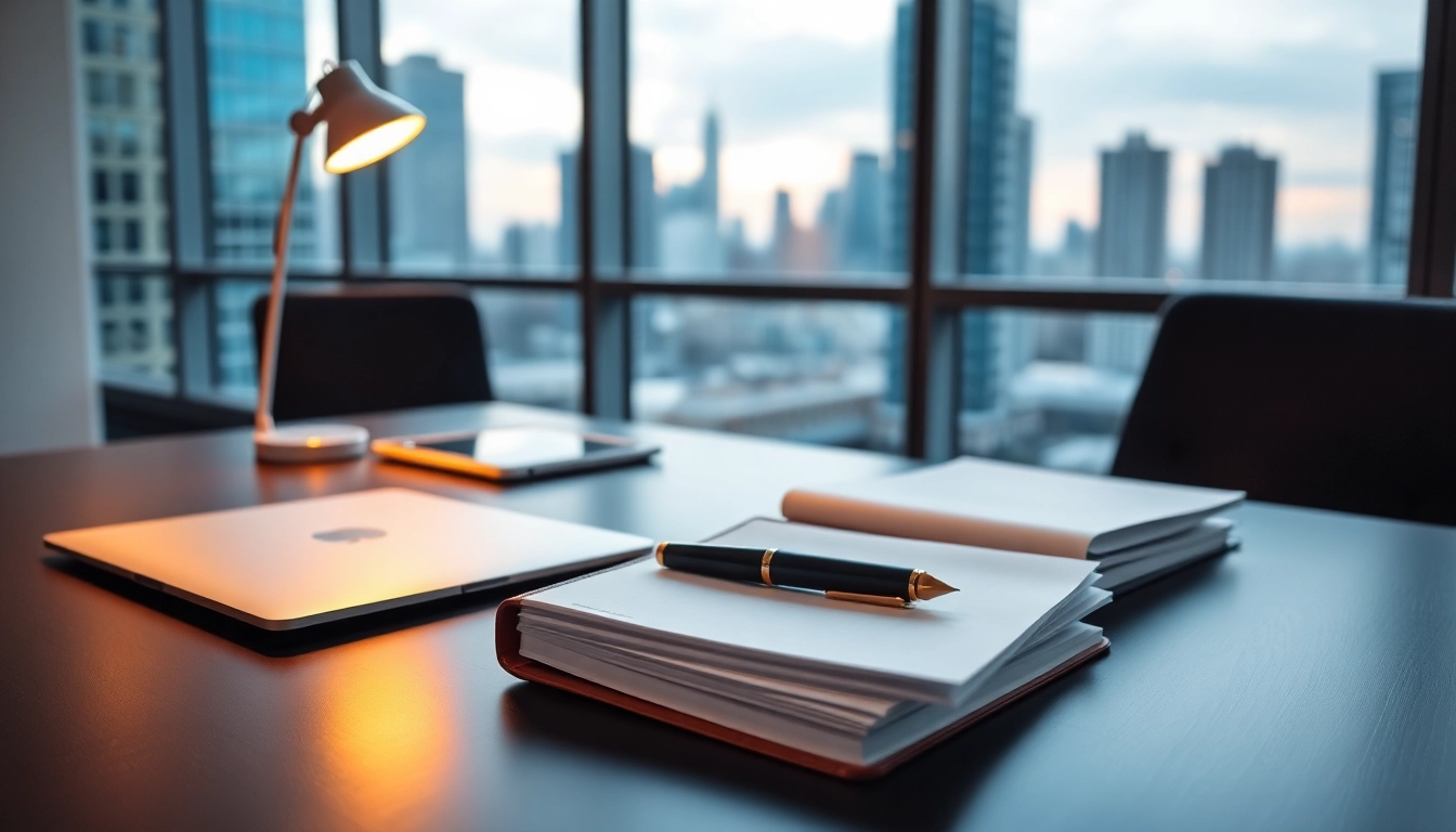 Espacio de trabajo moderno con laptop plateada, planificador de cuero, documentos de negocios y luz cálida en oficina urbana.