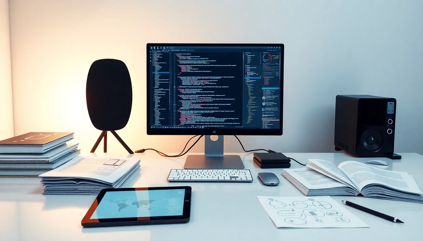 Espacio de trabajo moderno con monitor mostrando código financiero, manuales técnicos y tablet con diagramas en ambiente profesional.