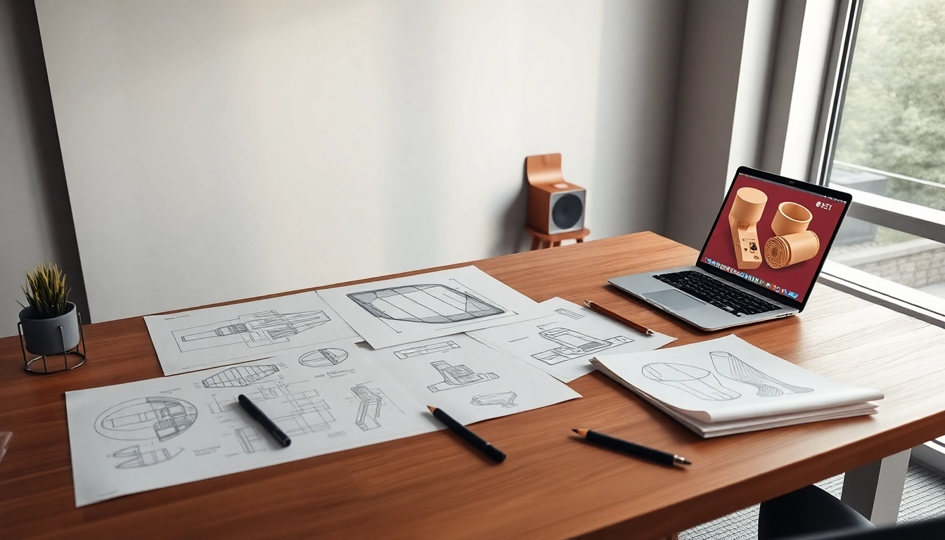 Espacio de trabajo moderno con plano y herramientas de dibujo para desarrollo e innovación en diseño de productos.