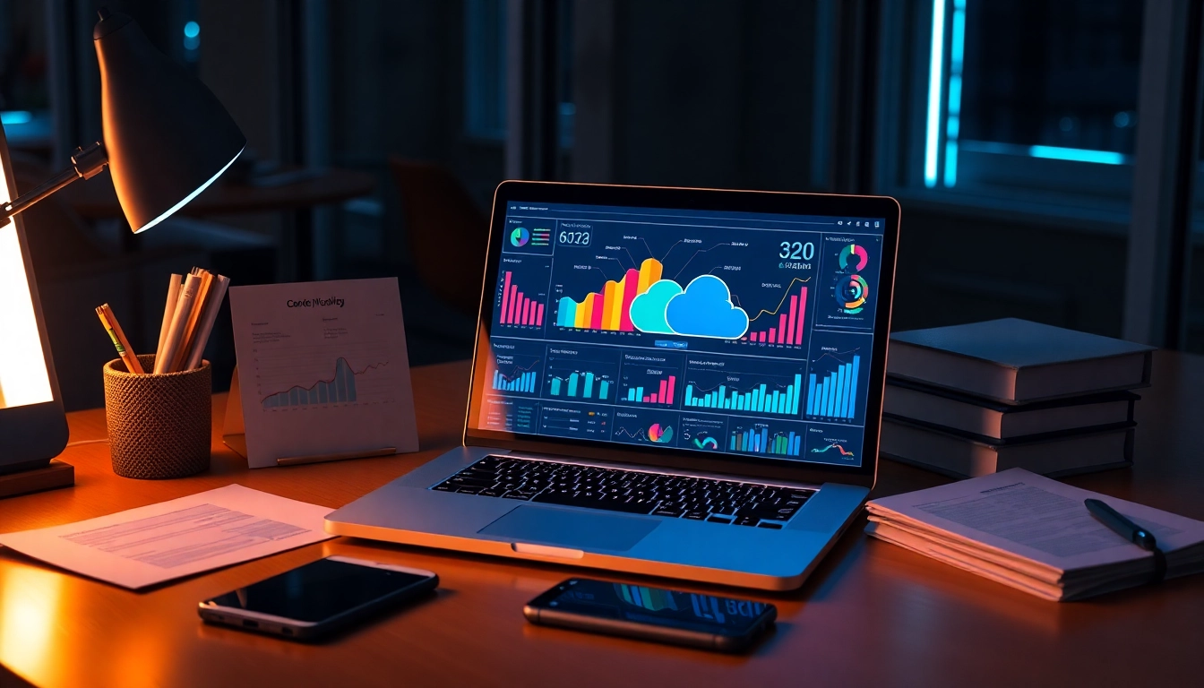 Espacio de trabajo moderno con laptop mostrando gráficos de datos y documentos organizados en ambiente de gestión empresarial digital.