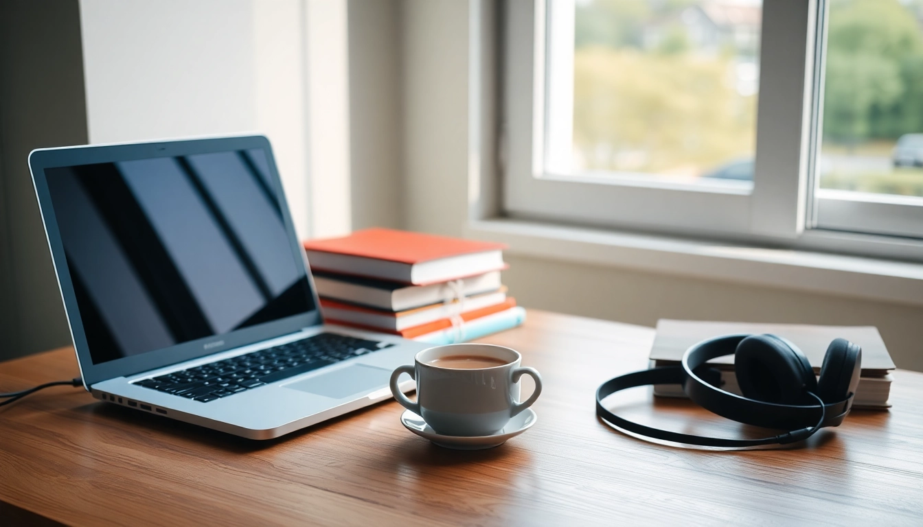 Espacio de trabajo ordenado con laptop abierta, libros, café humeante y auriculares junto a ventana iluminada, simbolizando estudio legal.