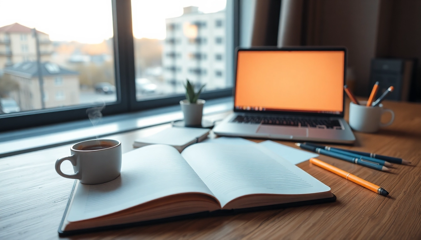 Espacio de estudio sereno con cuaderno abierto, café caliente, laptop y luz natural ideal para trabajos legales y financieros.