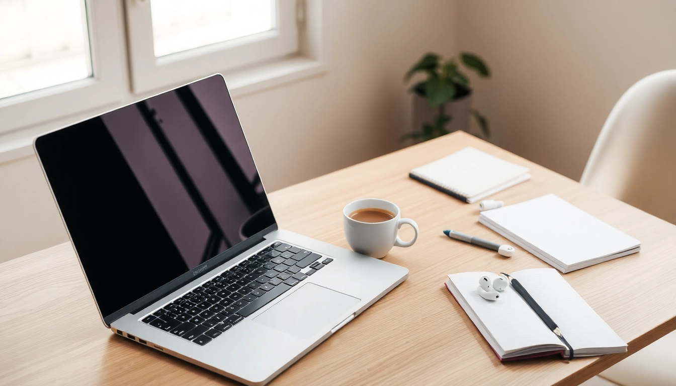 Espacio de trabajo minimalista con laptop cerrada, café humeante, cuadernos y audífonos para estudio remoto productivo.