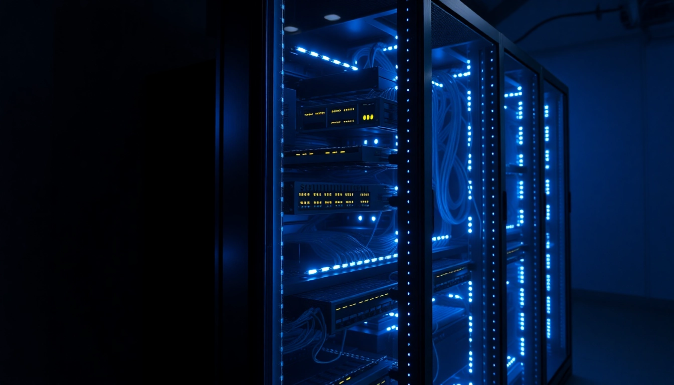 Rack de servidores de vidrio con luces LED azules y cables conectados, simbolizando arquitectura backend moderna y precisa.