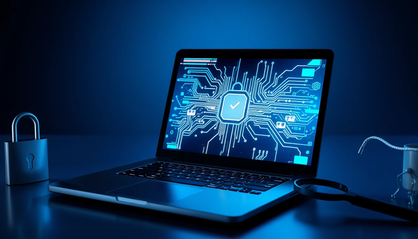 Espacio moderno con laptop encendida y pantallas digitales superpuestas, destacando seguridad cibernética en entorno futurista.