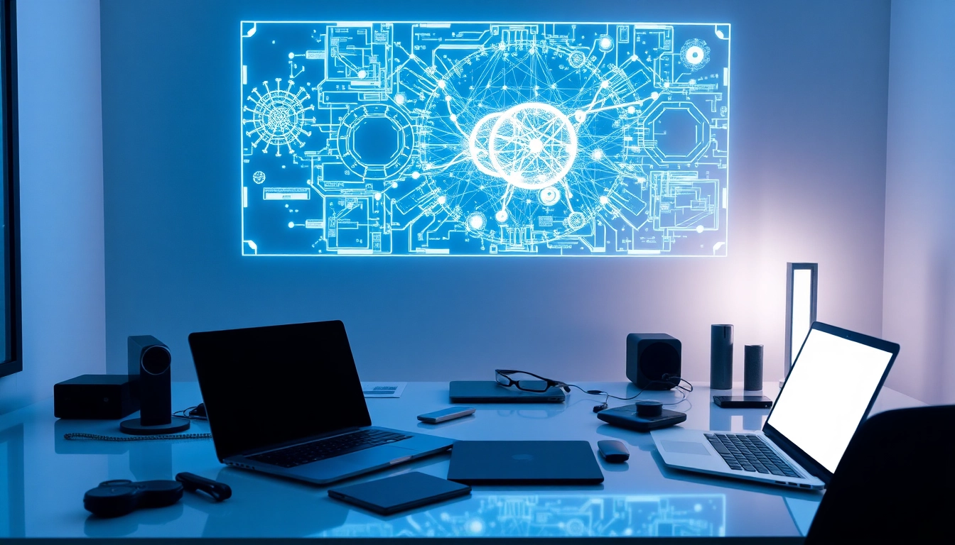 Espacio de trabajo moderno con interfaz holográfica futurista que muestra datos legales y financieros en ambiente azul frío.