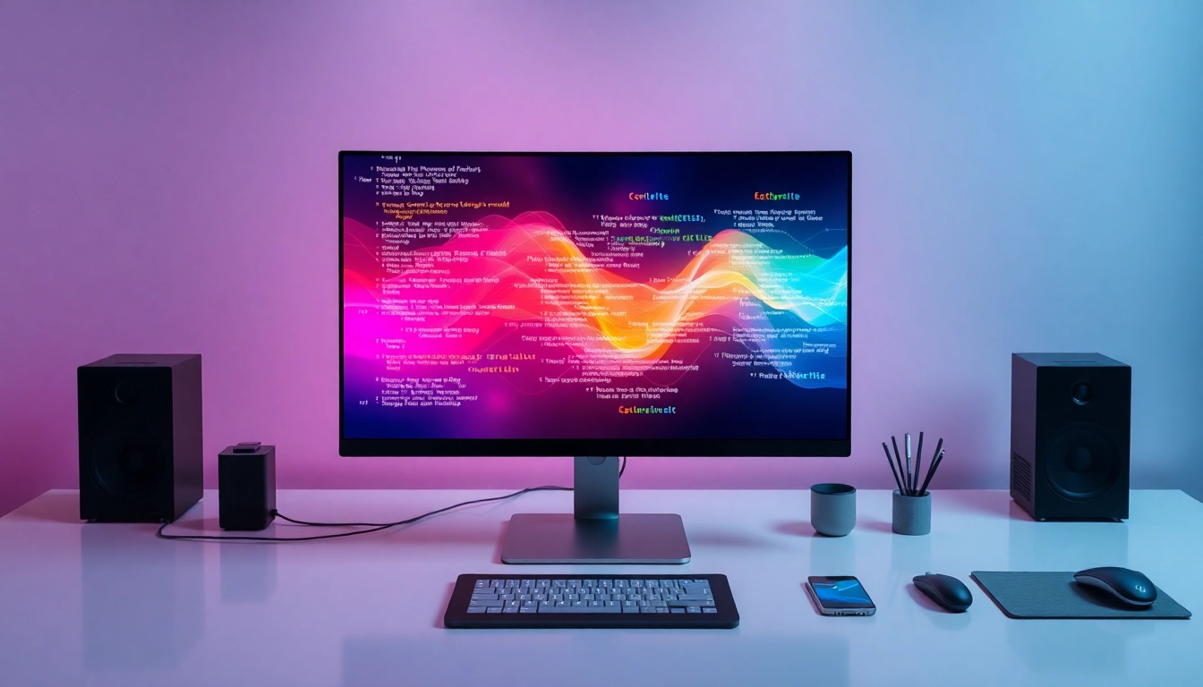 Espacio de trabajo moderno con monitor mostrando código colorido, tablet digital y gadgets tecnológicos, resaltando innovación financiera.