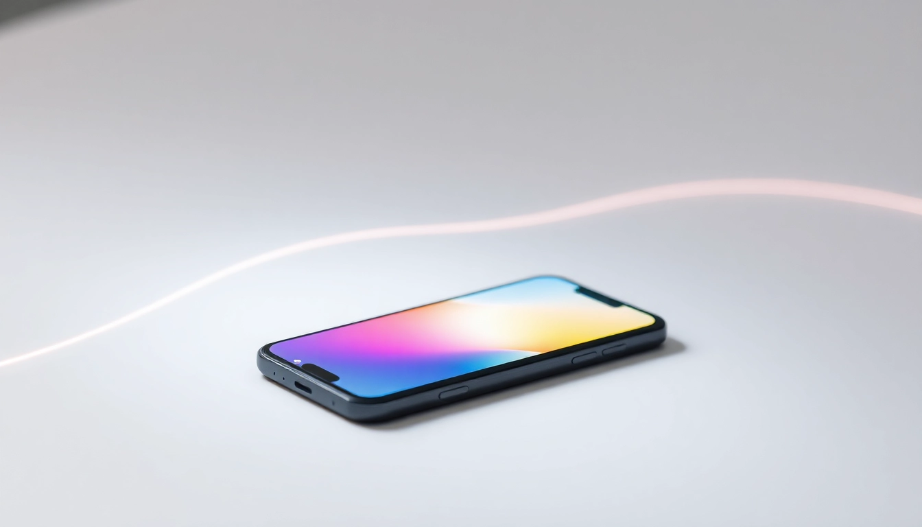 Smartphone moderno con interfaz minimalista colorida y formas geométricas, simbolizando innovación en servicios financieros.
