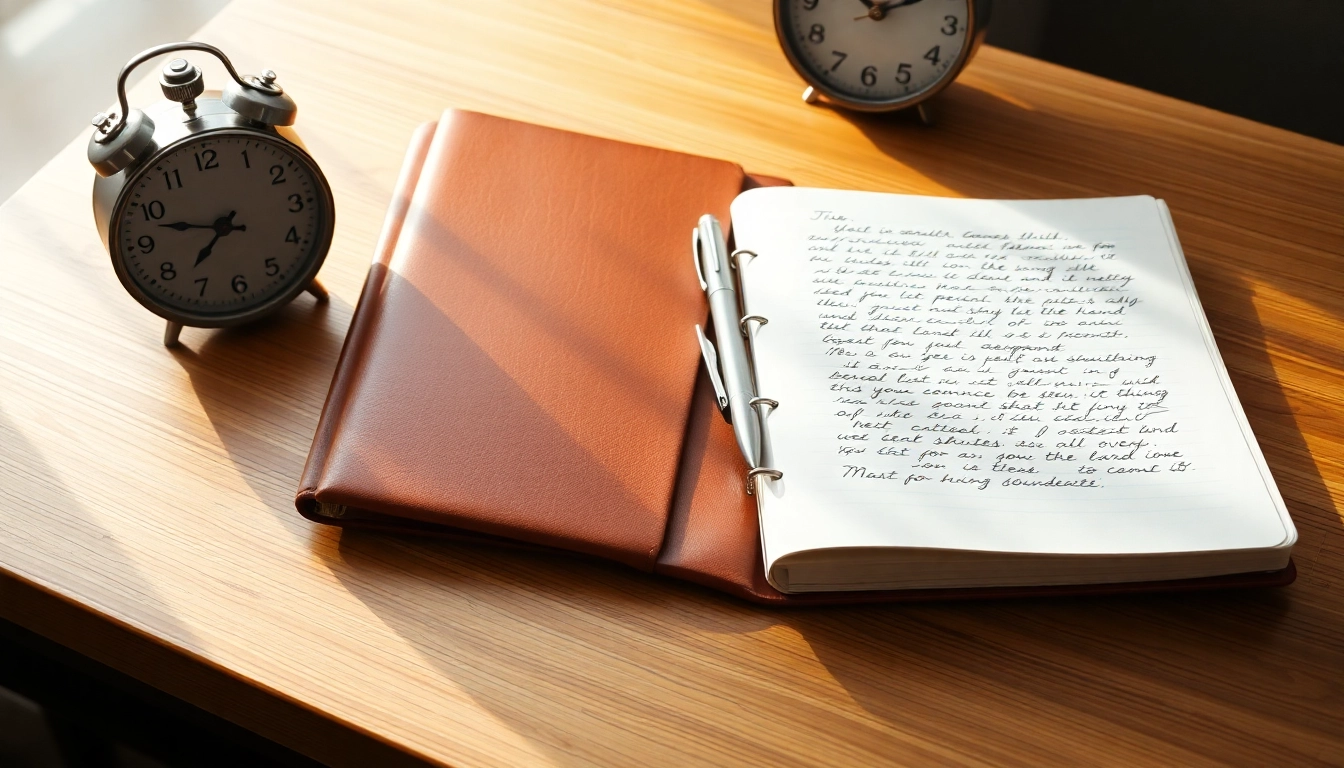 Escritorio de madera con libreta abierta de notas manuscritas, pluma, carpeta de proyectos y gafas, representando análisis legal.
