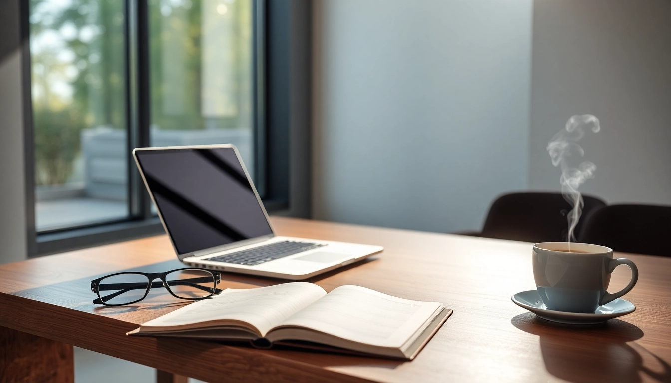 Espacio de trabajo moderno con laptop minimalista, cuaderno abierto, gafas y café, iluminado por luz natural en oficina profesional.