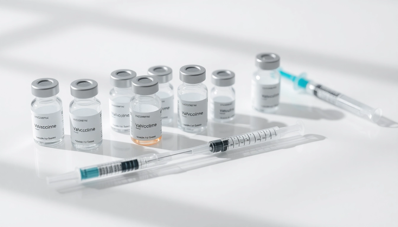 Viales de vacunas y jeringas organizados sobre superficie blanca reflectante, transmitiendo confianza en ciencia médica.