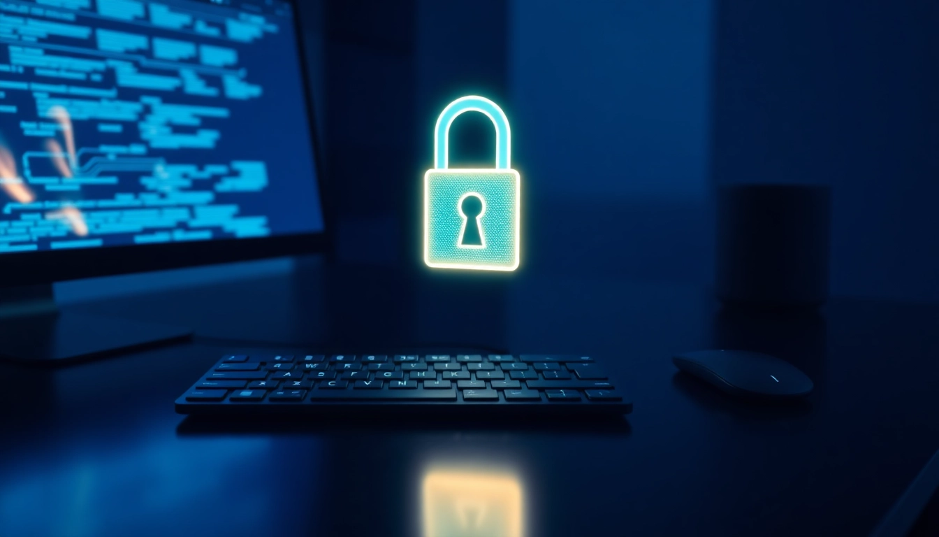 Espacio de trabajo moderno con holograma de candado digital sobre teclado, simbolizando protección de datos segura y avanzada.